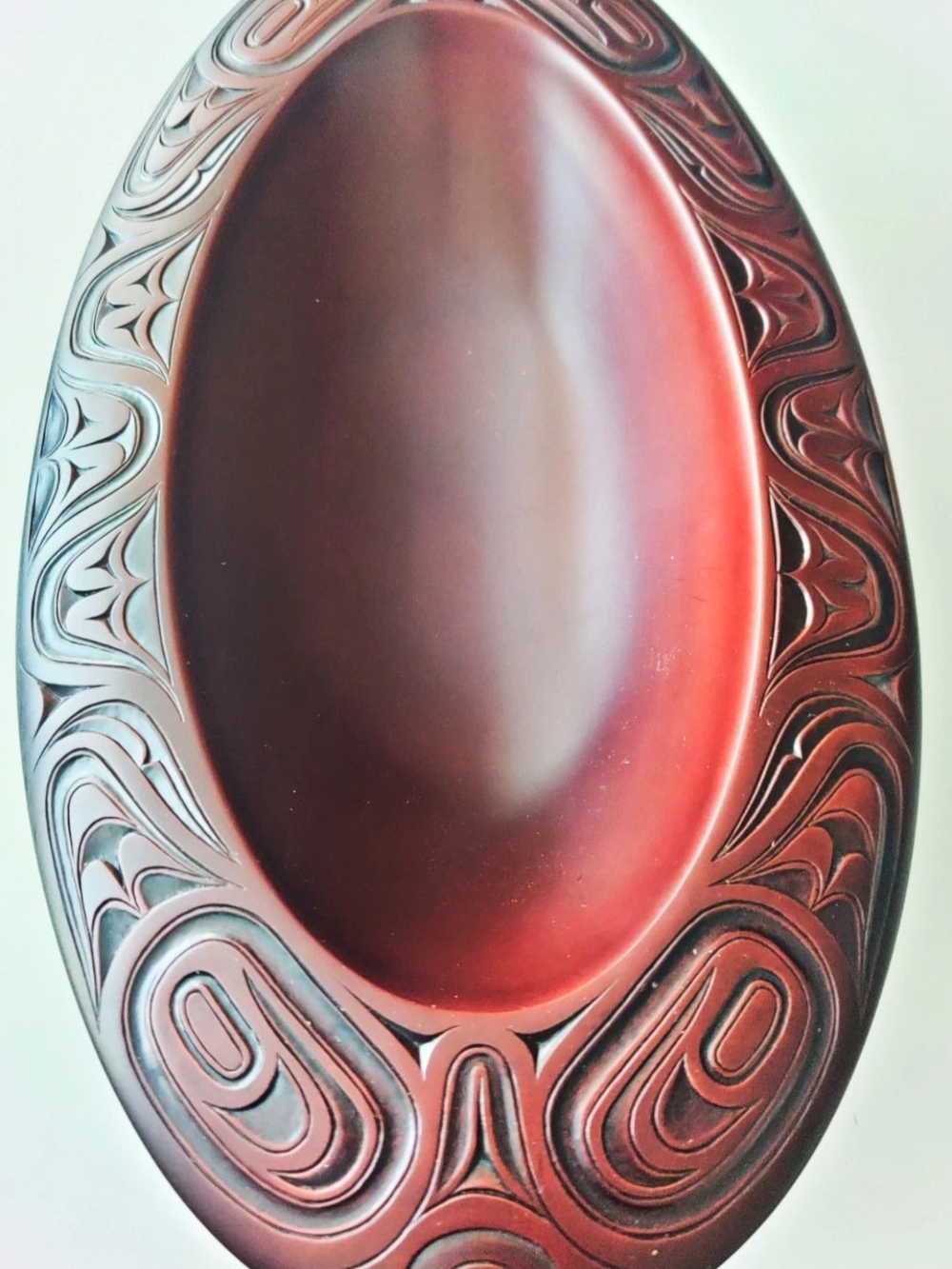 BOMA Oval Bowl with carved native motif by Mark Garfield...Approx 12" X 7"